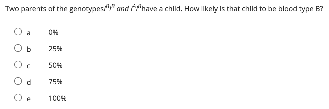 Two parents of the genotypes/5B and APhave a child. How likely is that child to be blood type B?
a
0%
O b
25%
50%
d
75%
e
100%
