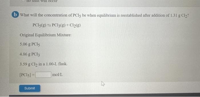 no sniit will occur
b What will the concentration of PCI5 be when equilibrium is reestablished after addition of 1.31 g Cl2?
PCI5(g) 5 PC13(g)+ Cl2(g)
Original Equilibrium Mixture:
5.06 g PCI5
4.86 g PCI3
3.59 g Cl2 in a 1.00-L flask.
[PCI5] =|
mol/L
Submit
