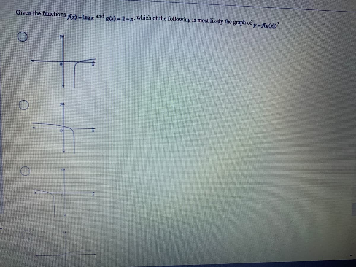 Given the functions A) - logx
and
)-2-x which of the following is most likely the graph of- Aet?
y-.
