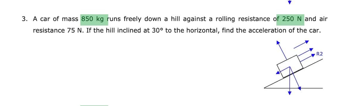 3. A car of mass 850 kg runs freely down a hill against a rolling resistance of 250 N and air
resistance 75 N. If the hill inclined at 30° to the horizontal, find the acceleration of the car.
R2
