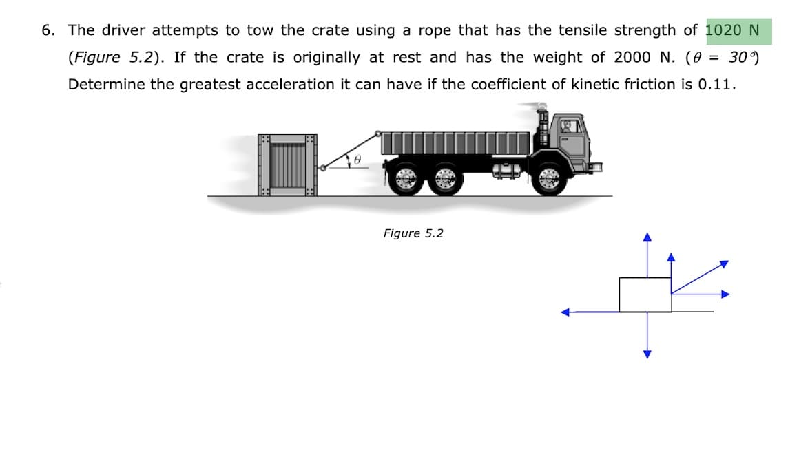 6. The driver attempts to tow the crate using a rope that has the tensile strength of 1020 N
(Figure 5.2). If the crate is originally at rest and has the weight of 2000 N. (0
30°)
Determine the greatest acceleration it can have if the coefficient of kinetic friction is 0.11.
Figure 5.2
