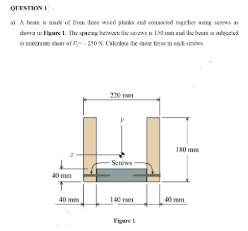 QUESTION 1
a) A beam is made of from three wood planks and connected together using screws as
shown in Figure 1. The spacing between the serews is 150 mm and the beam is subjected
to maximum shear of V,=- 250 N. Calculate the shear force in each screws.
220 mm
180 mm
-Screws-
40 mm
40 mm
140 mm
40 mm
Figure 1
