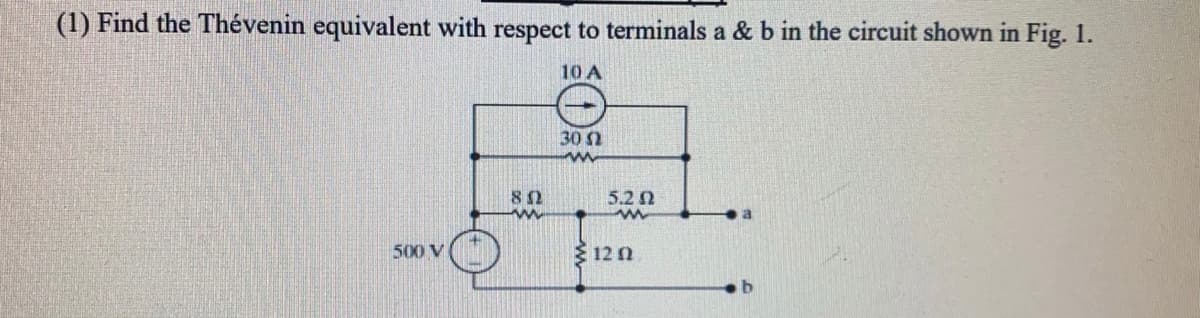 (1) Find the Thévenin equivalent with respect to terminals a & b in the circuit shown in Fig. 1.
10 A
30n
5.22
500 V
E 12 0

