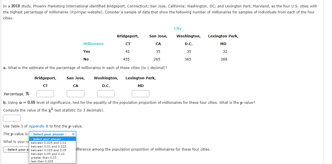 In a 2018 study, Phoenix Marketing International identified Bridgeport, Connecticut; San Jose, California; Washington, DC; and Lexington Park, Maryland, as the four U.S. cities with
the highest percentage of millionaires (Kiplinger website). Consider a sample of data that show the following number of millionaires for samples of individuals from each of the four
cities.
City
Bridgeport,
San Jose,
Washington,
Lexington Park,
Millionaire
CT
CA
D.C.
MD
Yes
45
35
35
32
No
455
265
365
368
a. What is the estimate of the percentage of millionaires in each of these cities (to 1 decimal)?
Bridgeport,
San Jose,
Washington,
Lexington Park,
CT
CA
D.C.
MD
Percentage, %
b. Using a = 0.05 level of significance, test for the equality of the population proportion of millionaires for these four cities. What is the p-value?
Compute the value of the x test statistic (to 3 decimals).
Use Table 3 of Appendix B to find the p-value.
The p-value is - Select your answer -
- Select your answer-
What is your c between 0.005 and 0.01
between 0.01 and 0.025
- Select your a between 0.025 and 0.05
ifference among the population proportion of millionaires for these four cities.
between 0.05 and 0.10
greater than 0.10
less than 0.005
