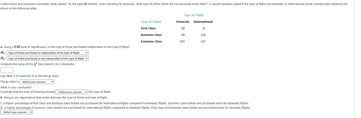 A Bloomberg Businessweek subscriber study asked, "In the past 12 months, when traveling for business, what type of airline ticket did you purchase most often?" A second question asked if the type of flight was domestic or international travel. Sample data obtained are
shown in the following table.
Type of Flight
Type of Ticket
Domestic
International
First Class
26
21
Business Class
99
123
Economy Class
515
137
a. Using a 0.05 level of significance, is the type of ticket purchased independent of the type of flight?
Ho: Type of ticket purchased is independent of the type of flight
H.: Type of ticket purchased is not independent of the type of flight v
Compute the value of the x test statistic (to 2 decimals).
Use Table 3 of Appendix B to find the p-value.
The p-value is - Select your answer -
What is your conclusion?
Conclude that the type of ticket purchased
Select your answer - v the type of flight.
b. Discuss any dependence that exists between the type of ticket and type of flight.
I. A higher percentage of first class and business class tickets are purchased for international flights compared to domestic flights. Economy class tickets are purchased more for domestic flights.
II. A higher percentage of economy class tickets are purchased for international flights compared to domestic flights. First class and business class tickets are purchased more for domestic flights.
|- Select your answer
