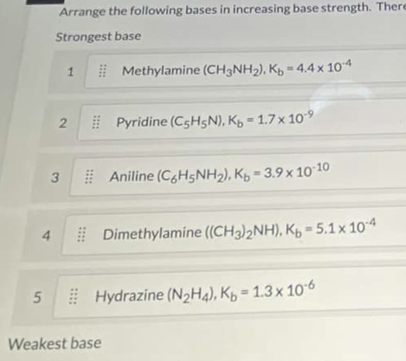 Arrange the following bases in increasing base strength. There
Strongest base
Methylamine (CH3NH2), K, = 4.4 x 104
I Pyridine (C5H5N), K 1.7x 109
Aniline (C,H5NH2), K = 3.9 x 10 10
Dimethylamine (CH3)2NH), Kp = 5.1x 104
| Hydrazine (N2H4), Kg = 1.3 x 106
Weakest base
1.
2)
3.
4)
5.
