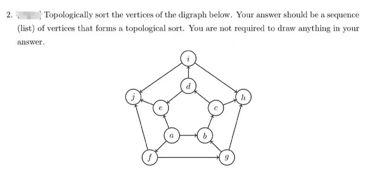2.
Topologically sort the vertices of the digraph below. Your answer should be a sequence
(list) of vertices that forms a topological sort. You are not required to draw anything in your
answer.
h
a
f