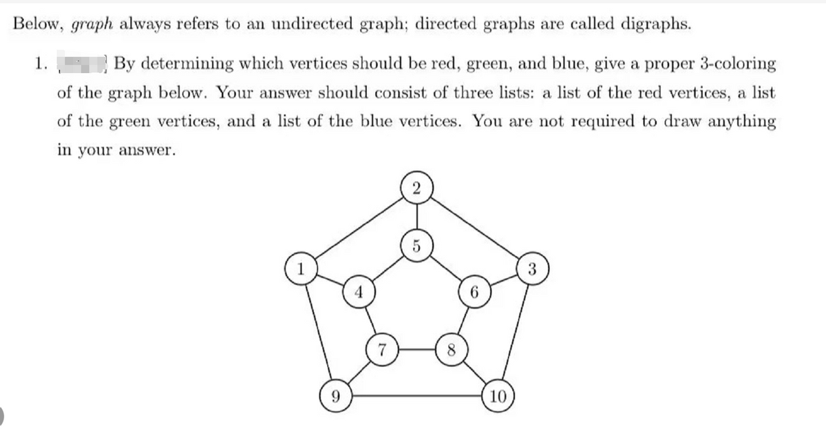 Below, graph always refers to an undirected graph; directed graphs are called digraphs.
1.
By determining which vertices should be red, green, and blue, give a proper 3-coloring
of the graph below. Your answer should consist of three lists: a list of the red vertices, a list
of the green vertices, and a list of the blue vertices. You are not required to draw anything
in your answer.
5
3
7
10