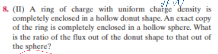 8. (II) A ring of charge with uniform charge density is
completely enclosed in a hollow donut shape. An exact copy
of the ring is completely enclosed in a hollow sphere. What
is the ratio of the flux out of the donut shape to that out of
the sphere?
