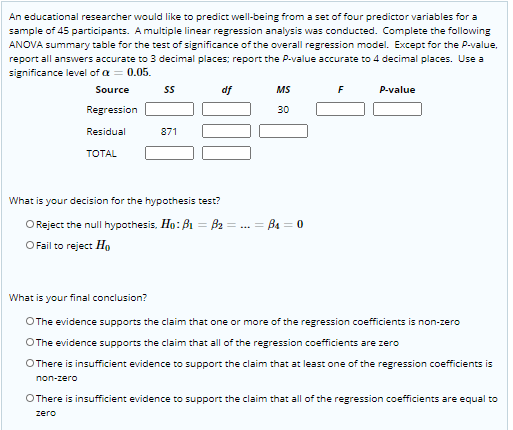 An educational researcher would like to predict well-being from a set of four predictor variables for a
sample of 45 participants. A multiple linear regression analysis was conducted. Complete the following
ANOVA summary table for the test of significance of the overall regression model. Except for the P-value,
report all answers accurate to 3 decimal places; report the P-value accurate to 4 decimal places. Use a
significance level of a = 0.05.
Source
df
MS
F
P-value
Regression
30
Residual
871
TOTAL
What is your decision for the hypothesis test?
O Reject the null hypothesis, Ho: B1 = B2 = ... = B4 = 0
%3D
O Fail to reject Ho
What is your final conclusion?
OThe evidence supports the claim that one or more of the regression coefficients is non-zero
OThe evidence supports the claim that all of the regression coefficients are zero
OThere is insufficient evidence to support the claim that at least one of the regression coefficients is
non-zero
OThere is insufficient evidence to support the claim that all of the regression coefficients are equal to
zero
