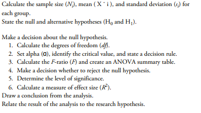 Calculate the sample size (N), mean (Xi), and standard deviation (s) for
each group.
State the null and alternative hypotheses (Ho and H;).
Make a decision about the null hypothesis.
1. Calculate the degrees of freedom (df.
2. Set alpha (0), identify the critical value, and state a decision rule.
3. Calculate the F-ratio (F) and create an ANOVA summary table.
4. Make a decision whether to reject the null hypothesis.
5. Determine the level of significance.
6. Calculate a measure of effect size (R).
Draw a conclusion from the analysis.
Relate the result of the analysis to the rescarch hypothesis.
