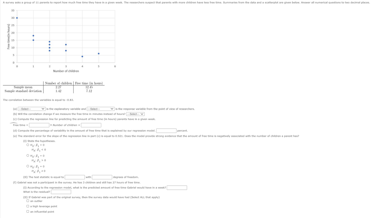 A survey asks a group of 11 parents to report how much free time they have in a given week. The researchers suspect that parents with more children have less free time. Summaries from the data and a scatterplot are given below. Answer all numerical questions to two decimal places.
35
30
25
20
15
10
5
1
2
3
4
Number of children
Free time (in hours)
12.45
Number of children
2.27
Sample mean
Sample standard deviation
1.42
7.12
The correlation between the variables is equal to -0.83.
(a) ---Select---
is the explanatory variable and --Select---
V is the response variable from the point of view of researchers.
(b) Will the correlation change if we measure the free time in minutes instead of hours? ---Select-- V
(c) Compute the regression line for predicting the amount of free time (in hours) parents have in a given week.
Free time =
x Number of children +
(d) Compute the percentage of variability in the amount of free time that is explained by our regression model.
percent.
(e) The standard error for the slope of the regression line in part (c) is equal to 0.921. Does the model provide strong evidence that the amount of free time is negatively associated with the number of children a parent has?
(I) State the hypotheses.
O Ho: B1 = 0
HA: B1<0
O Ho: B1 = 0
HA: B1 > 0
O Ho: B1
HA: Bq #0
= 0
(II) The test statistic is equal to
with
degrees of freedom.
(f) Gabriel was not a participant in the survey. He has 3 children and still has 27 hours of free time.
(I) According to the regression model, what is the predicted amount of free time Gabriel would have in a week?
What is the residual?
(II) If Gabriel was part of the original survey, then the survey data would have had (Select ALL that apply)
O an outlier
O a high leverage point
O an influential point
Free time(in hours)
