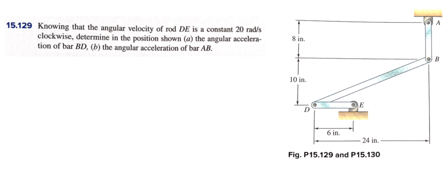 A
15.129 Knowing that the angular velocity of rod DE is a constant 20 rad/s
clockwise, determine in the position shown (a) the angular accelera-
tion of bar BD, (b) the angular acceleration of bar AB.
8 in.
В
10 in.
E
6 in.
24 in.-
Fig. P15.129 and P15.130
