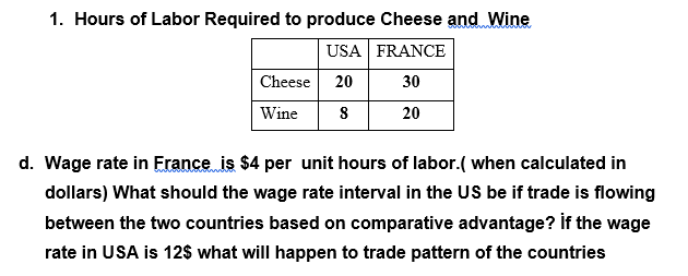 1. Hours of Labor Required to produce Cheese and Wine
USA FRANCE
Cheese
20
30
Wine
20
d. Wage rate in Erance is $4 per unit hours of labor.( when calculated in
dollars) What should the wage rate interval in the US be if trade is flowing
between the two countries based on comparative advantage? if the wage
rate in USA is 12$ what will happen to trade pattern of the countries
