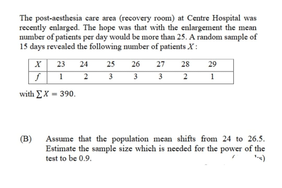 The post-aesthesia care area (recovery room) at Centre Hospital was
recently enlarged. The hope was that with the enlargement the mean
number of patients per day would be more than 25. A random sample of
15 days revealed the following number of patients X:
23
24
25
26
27
28
29
f
1
2
3
3
3
2
1
with EX = 390.
Assume that the population mean shifts from 24 to 26.5.
Estimate the sample size which is needed for the power of the
test to be 0.9.
(В)
-<)

