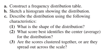 a. Construct a frequency distribution table.
b. Sketch a histogram showing the distribution.
c. Describe the distribution using the following
characteristics:
(1) What is the shape of the distribution?
(2) What score best identifies the center (average)
for the distribution?
(3) Are the scores clustered together, or are they
spread out across the scale?
