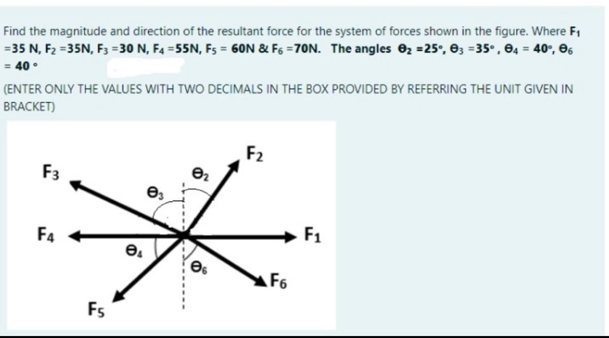 Find the magnitude and direction of the resultant force for the system of forces shown in the figure. Where F1
=35 N, F2 =35N, F3 =30 N, F4 =55N, Fs = 60N & F6 =70N. The angles e2 =25°, e; =35°, e4 = 40°, O6
= 40 •
(ENTER ONLY THE VALUES WITH TWO DECIMALS IN THE BOX PROVIDED BY REFERRING THE UNIT GIVEN IN
BRACKET)
F2
F3
F4
F1
F6
Fs
