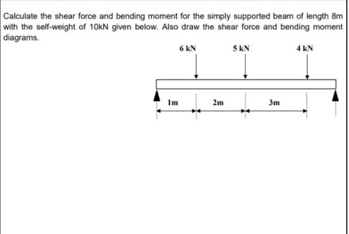 Calculate the shear force and bending moment for the simply supported beam of length 8m
with the self-weight of 10kN given below. Also draw the shear force and bending moment
diagrams.
6 kN
5 kN
4 kN
1m
2m
3m
