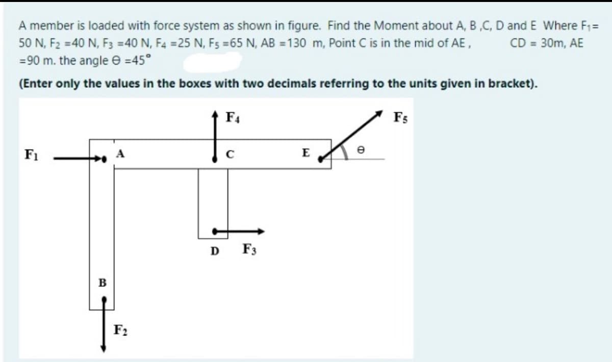 A member is loaded with force system as shown in figure. Find the Moment about A, B ,C, D and E Where F =
CD = 30m, AE
50 N, F2 =40 N, F3 =40 N, F4 =25 N, Fs =65 N, AB = 130 m, Point C is in the mid of AE,
=90 m. the angle e =45°
(Enter only the values in the boxes with two decimals referring to the units given in bracket).
F4
Fs
F1
A
E
D F3
F2
