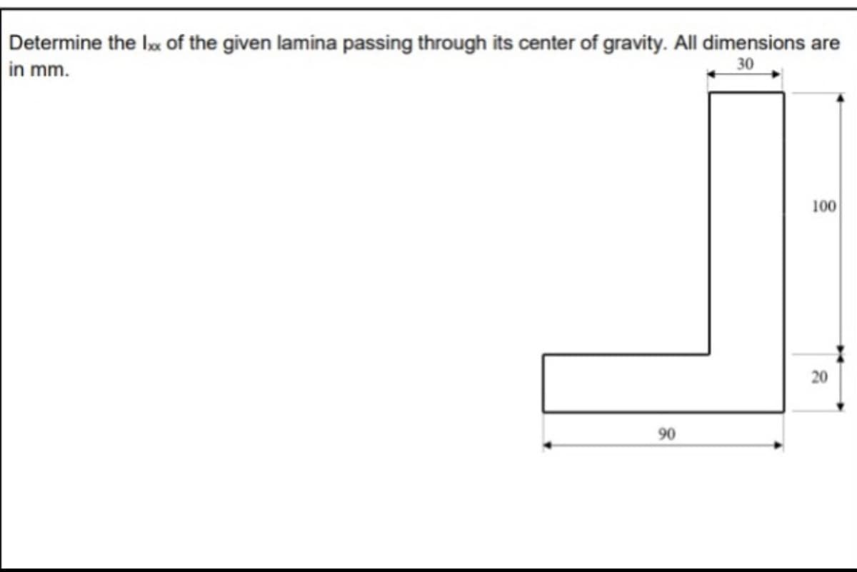 Determine the Ix of the given lamina passing through its center of gravity. All dimensions are
in mm.
30
100
20
90
