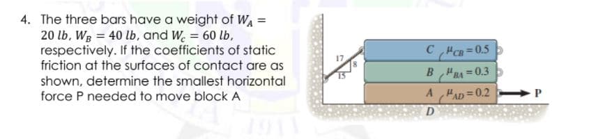4. The three bars have a weight of WA =
20 lb, WB = 40 lb, and W. = 60 lb,
respectively. If the coefficients of static
friction at the surfaces of contact are as
C HCa =0.5
B HRA = 0.3
A HAD = 0.2 P
av
shown, determine the smallest horizontal
force P needed to move block A
1911
