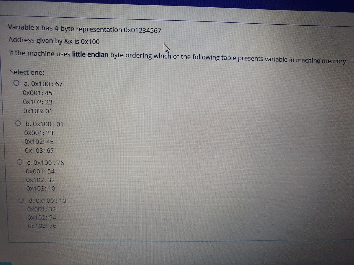 Variable x has 4-byte representation 0x01234567
Address given by &x is 0x100
If the machine uses little endian byte ordering which of the following table presents variable in machine memory
Select one:
O a.Ox100:67
Ox001: 45
Ox102: 23
Ox103:01
O b. 0x100:01
0x001:23
Ox102: 45
Ox103:67
O c.Ox100:76
Ox001: 54
Ox102: 32
0x103:10
Od.0x100:10
0x001 32
0x10254
0x103:76
