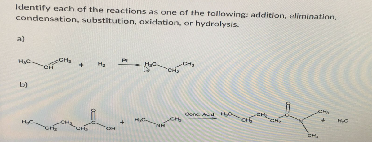 Identify each of the reactions as one of the following: addition, elimination,
condensation, substitution, oxidation, or hydrolysis.
a)
H3C-
b)
H3C.
CH
CH₂
CH₂
CH₂
+
CH₂
H₂
OH
Pt
+
H3C-
W
H3C-
NH
CH₂
CH3
CH3
Conc. Acid
H3C-
CH₂
CH₂
CH₂
CH3
+
CH3
H₂O