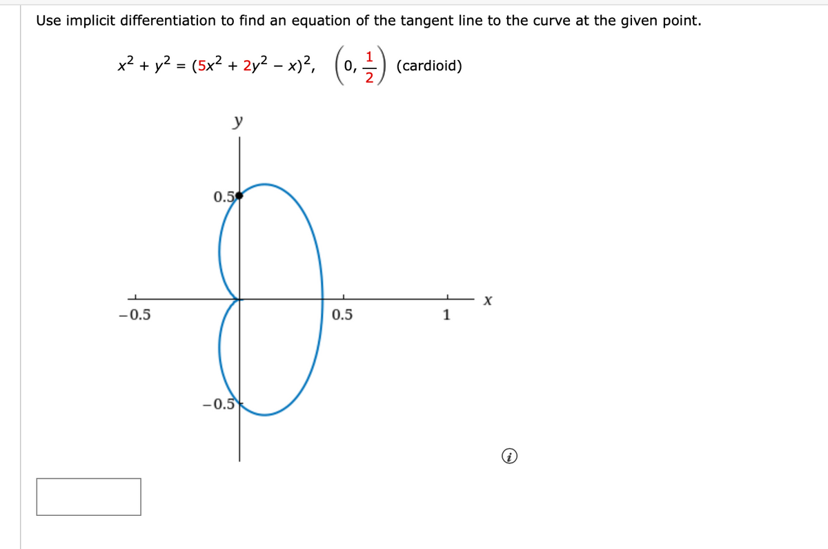 Use implicit differentiation to find an equation of the tangent line to the curve at the given point.
x² + y? = (5x² + 2y² - x)?, (0,)
1
(cardioid)
y
0.5
-0.5
0.5
-0.5
