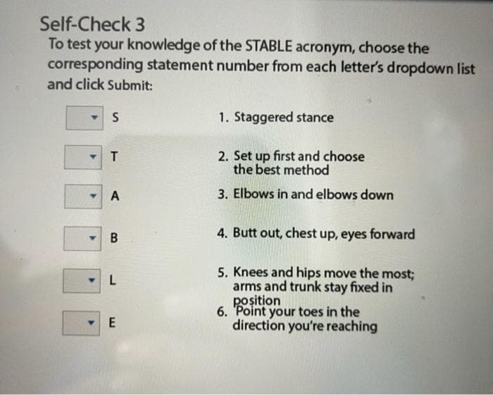 Self-Check 3
To test your knowledge of the STABLE acronym, choose the
corresponding statement number from each letter's dropdown list
and click Submit:
S
T
A
B
L
E
1. Staggered stance
2. Set up first and choose
the best method
3. Elbows in and elbows down
4. Butt out, chest up, eyes forward
5. Knees and hips move the most;
arms and trunk stay fixed in
position
6. Point your toes in the
direction you're reaching