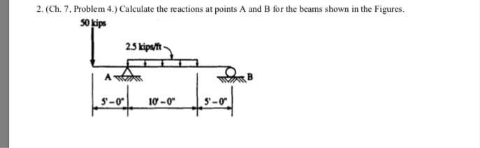 2. (Ch. 7, Problem 4.) Calculate the reactions at points A and B for the beams shown in the Figures.
50 kips
2.5 kips/ft-
5'-0"
A
5'-0"
10-0"