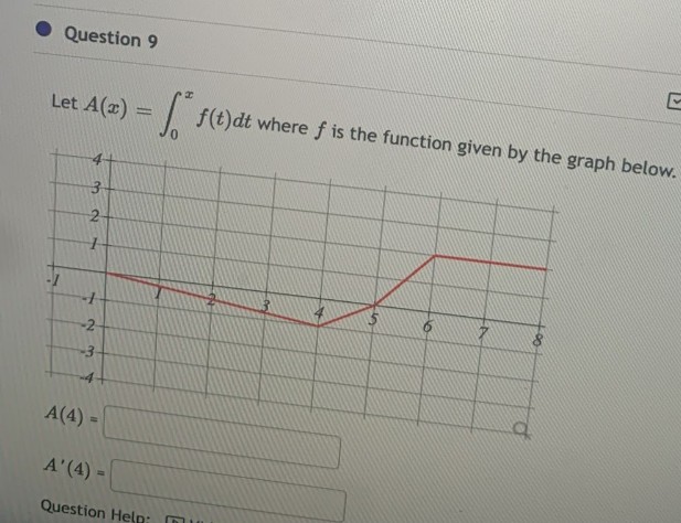 Question 9
Let A(x) =
= f(t)dt where f is the function given by the graph below.
3
2
7
+
-2
A(4) =
A'(4) =
Question Help:
to
6