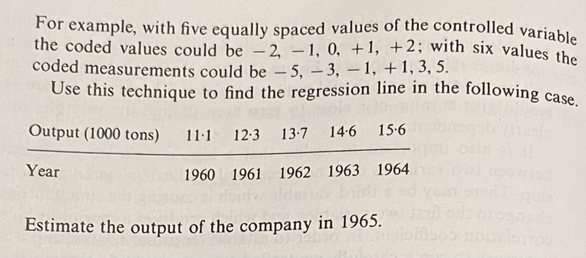 For example, with five equally spaced values of the controlled variable
the coded values could be -2, -1, 0, +1, +2; with six values the
coded measurements could be -5, -3, -1, +1, 3, 5.
cass
Use this technique to find the regression line in the following case.
Output (1000 tons) 11.1 12.3 13-7 14.6 15.6
1960 1961 1962 1963 1964
Year
Estimate the output of the company in 1965.