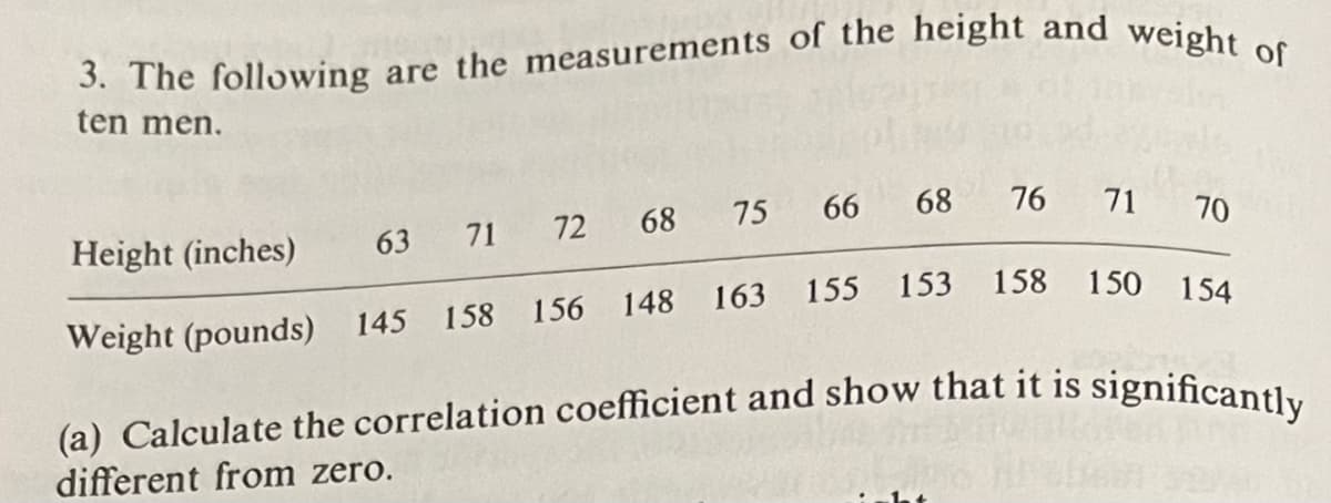 3. The following are the measurements of the height and weight of
ten men.
68 76 71 70
Height (inches)
63 71 72 68 75 66
Weight (pounds) 145 158 156 148 163 155 153 158 150 154
(a) Calculate the correlation coefficient and show that it is significantly
different from zero.