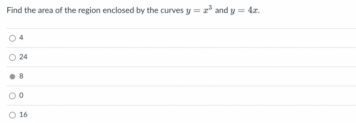 Find the area of the region enclosed by the curves y = x³ and y = 4x.
4
24
8
O
O
O
16