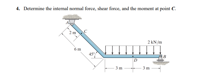 4. Determine the internal normal force, shear force, and the moment at point C.
2 m
C
2 kN/m
6 m
45
В
3 m
3 m
