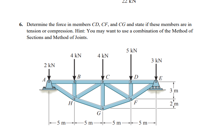 6. Determine the force in members CD, CF, and CG and state if these members are in
tension or compression. Hint: You may want to use a combination of the Method of
Sections and Method of Joints.
5 kN
4 kN
4 kN
3 kN
2 kN
C
D
E
A
3 m
F
H
2,m
G
- 5 m-
-5 m
5 m
- 5 m-
