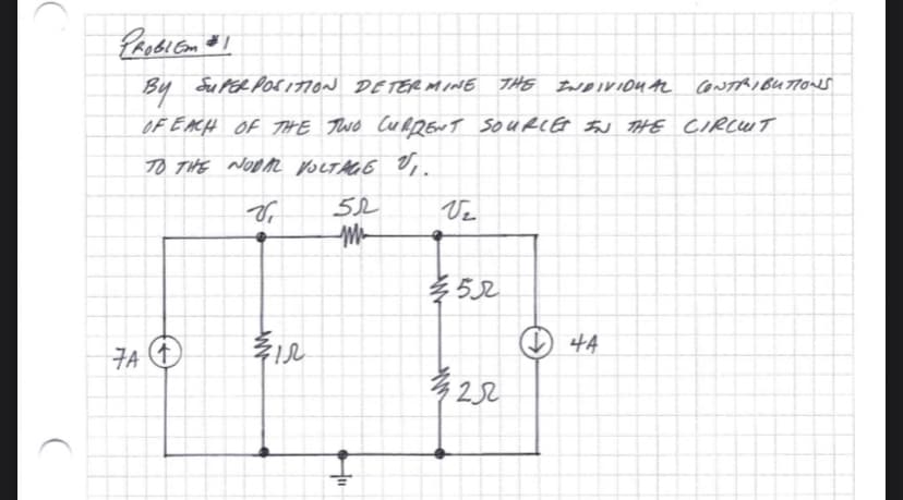 PROBLEM #1
BY SUPERPOSITION DETERMINE THE INDIVIDUAL
OF EACH OF THE TWO CURRENT SOURCES IN THE CIRCUIT
TO THE NODAL VOLTAGE V₁.
Vr
7A ↑
ww
FIN
52
Mi
tu
Vz
452
m25
44
CONTRIBUTIONS