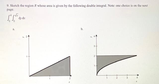 9. Sketch the region R whose area is given by the following double integral. Note: one choice is on the next
page.
dy dr
0.
a.
b.
