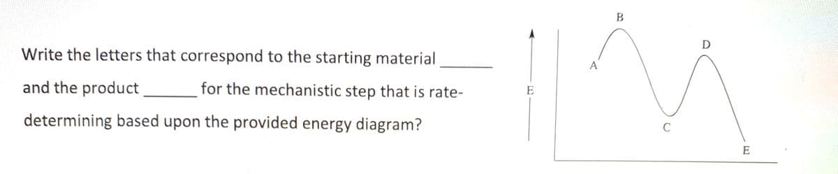 B
D
Write the letters that correspond to the starting material
A
and the product
for the mechanistic step that is rate-
E
determining based upon the provided energy diagram?
C
E
