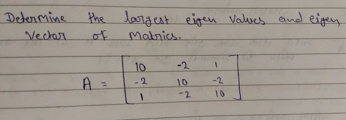Determine
Vectar
the largest eigen values and eigen
Matrics.
10
-2
1
-2
10
-2
1
-2
10