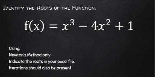 IDENTIFY THE ROOTS OF THE FUNCTION:
f(x) = x3 – 4x2 + 1
|
Using
Newton's Method only.
Indicate the roots in your excel file.
Iterations should also be present
