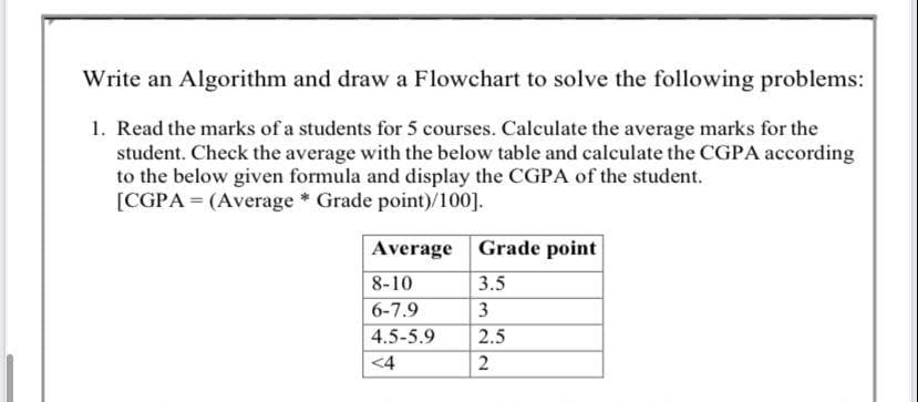 Write an Algorithm and draw a Flowchart to solve the following problems:
1. Read the marks of a students for 5 courses. Calculate the average marks for the
student. Check the average with the below table and calculate the CGPA according
to the below given formula and display the CGPA of the student.
[CGPA = (Average * Grade point)/100].
Average Grade point
8-10
3.5
6-7.9
3
4.5-5.9
2.5
<4
