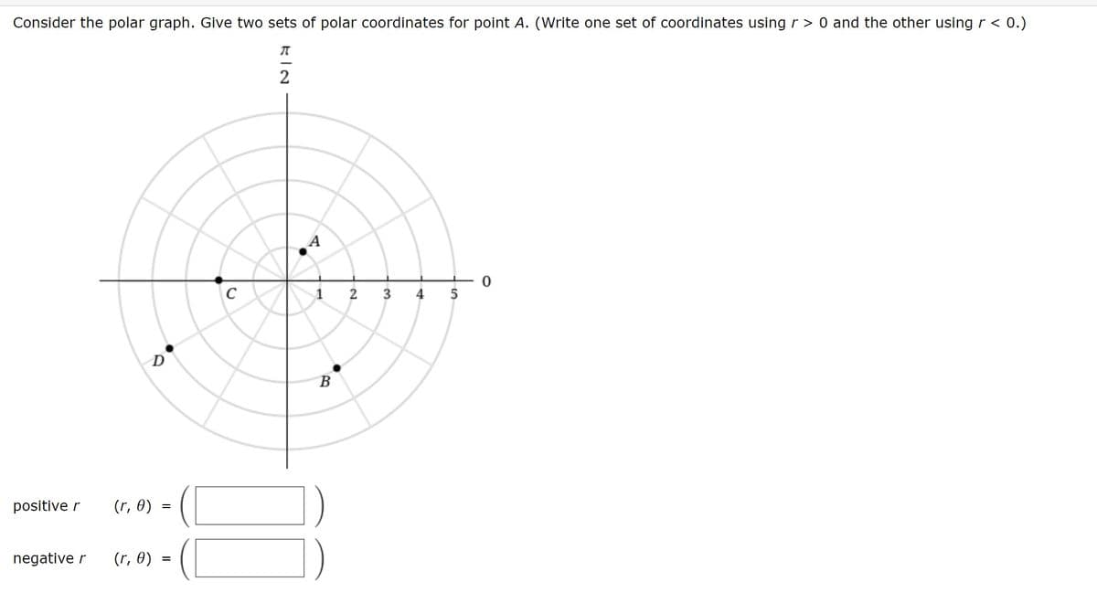 Consider the polar graph. Give two sets of polar coordinates for point A. (Write one set of coordinates using r> 0 and the other using r < 0.)
C
1
3
4
D
positive r
(r, 0)
negative r
(r, 0)
2.
