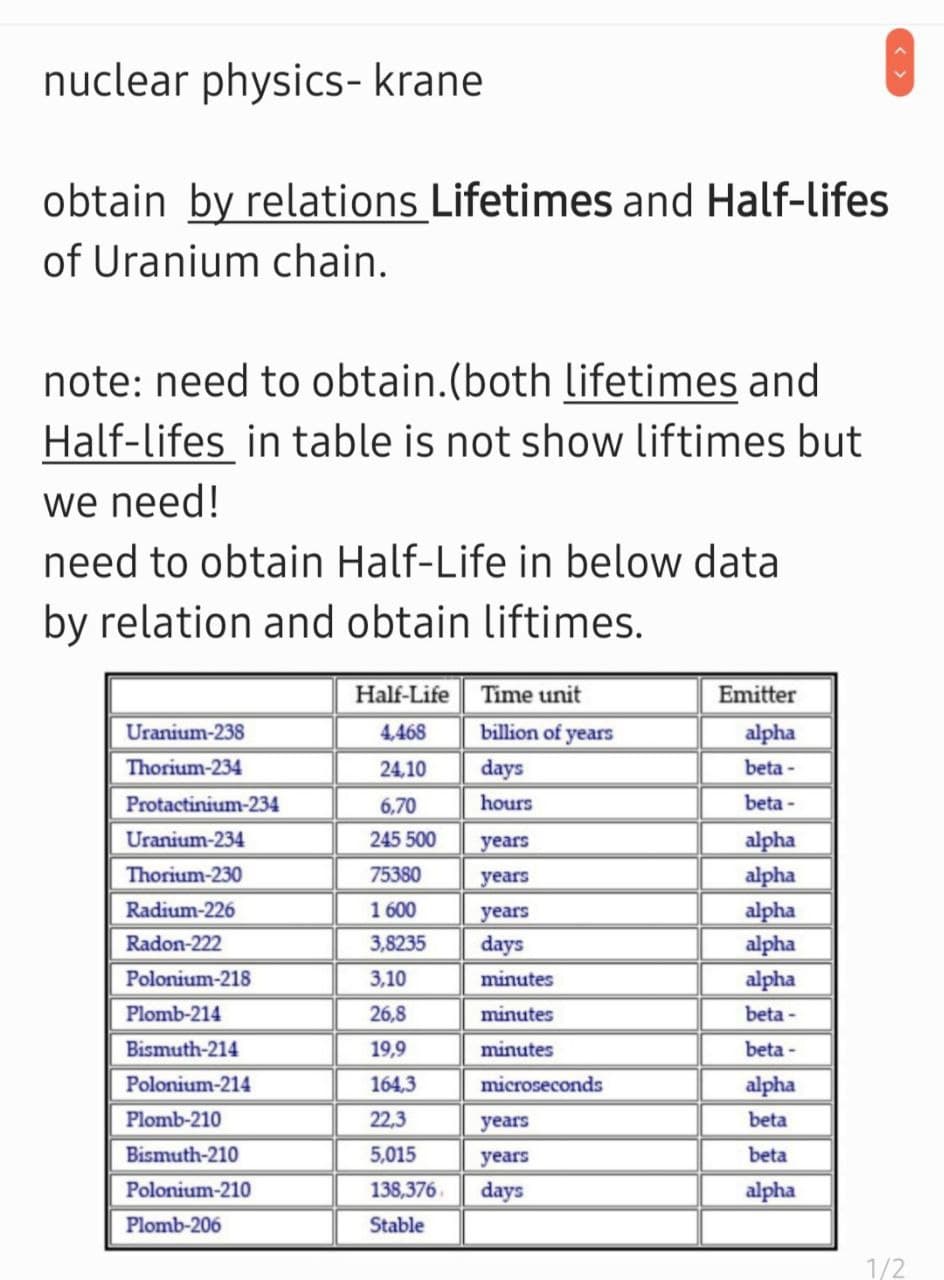 nuclear physics- krane
obtain by relations Lifetimes and Half-lifes
of Uranium chain.
note: need to obtain.(both lifetimes and
Half-lifes in table is not show liftimes but
we need!
need to obtain Half-Life in below data
by relation and obtain liftimes.
Half-Life Time unit
Emitter
billion of years
days
Uranium-238
4,468
alpha
Thorium-234
24,10
beta -
Protactinium-234
6,70
hours
beta -
245 500
alpha
alpha
alpha
alpha
alpha
Uranium-234
years
Thorium-230
75380
years
Radium-226
1 600
years
Radon-222
3,8235
days
Polonium-218
3,10
minutes
Plomb-214
26,8
minutes
beta -
Bismuth-214
19,9
minutes
beta -
Polonium-214
164,3
microseconds
alpha
Plomb-210
22,3
years
beta
Bismuth-210
5,015
years
beta
Polonium-210
138,376.
days
alpha
Plomb-206
Stable
1/2
