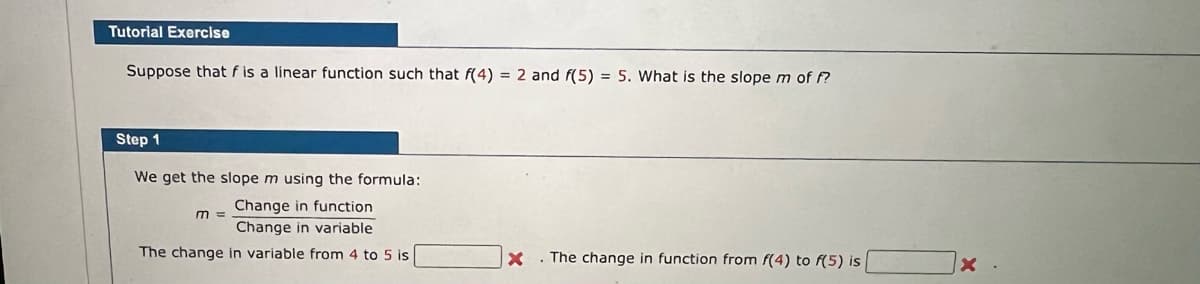 Tutorial Exercise
Suppose that f is a linear function such that f(4) = 2 and f(5) = 5. What is the slope m of f?
Step 1
We get the slope m using the formula:
Change in function
Change in variable
The change in variable from 4 to 5 is
M =
X. The change in function from f(4) to f(5) is