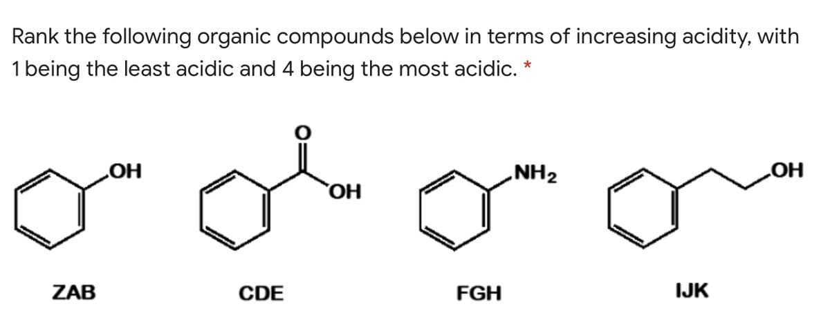 Rank the following organic compounds below in terms of increasing acidity, with
1 being the least acidic and 4 being the most acidic. *
NH2
OH
HO
ZAB
CDE
FGH
IJK
