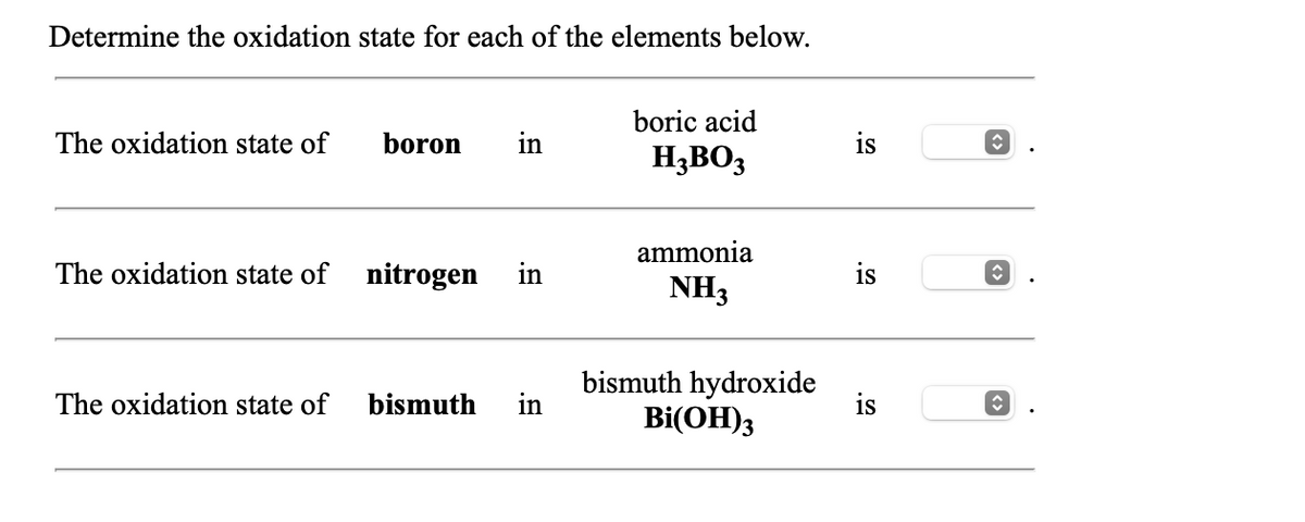 Determine the oxidation state for each of the elements below.
boric acid
The oxidation state of
boron
in
H3BO3
ammonia
The oxidation state of nitrogen
in
NH3
bismuth hydroxide
is
Bi(OH)3
The oxidation state of
bismuth
in
is
is
