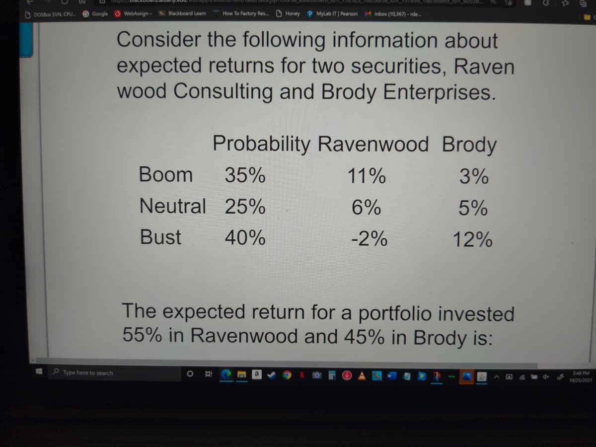 O DOSBOX SVN, CPU.
G Google
* WebAssign - Blackboard Learn
How To Factory Res.
O Honey
P MyLab IT | Pearson
M Inbox (10,367) - rde.
Consider the following information about
expected returns for two securities, Raven
wood Consulting and Brody Enterprises.
Probability Ravenwood Brody
Boom
35%
11%
3%
Neutral 25%
6%
5%
Bust
40%
-2%
12%
The expected return for a portfolio invested
55% in Ravenwood and 45% in Brody is:
P Type here to search
5:49 PM
10/25/2021
