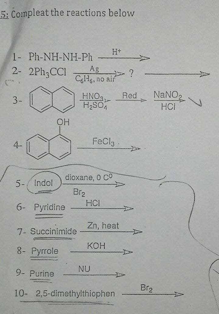 5: Compleat the reactions below
H+
1- Ph-NH-NH-Ph
2- 2PH3CCI
Ag
Cgl16, no air
HNO
H2SO,
NANO2
HCI
Red
ОН
4-
FeClg .
dioxane, 0 Co
5-/ Indol
Br2
HCI
6- Pyridine
Zn, heat
7- Succinimide
кон
8- Pyrrole
NU
9- Purine
Br2
10- 2,5-dimethylthiophen
3-
