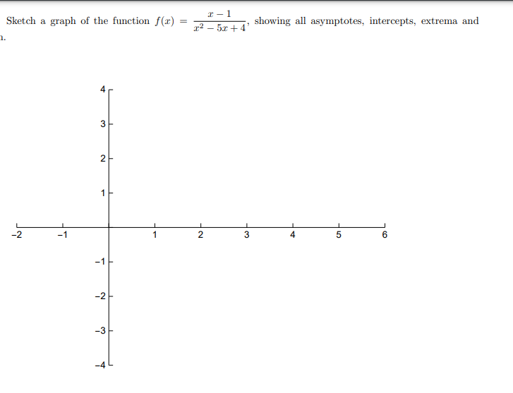 Sketch a graph of the function f (x)
x - 1
x2 – 5x + 4'
showing all asymptotes, intercepts, extrema and
1.
1
-2
6.
-1
-2
-3
-4
2.
3.
